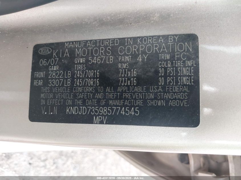 2008 Kia Sorento Lx Base VIN: KNDJD735985774545 Lot: 43311016