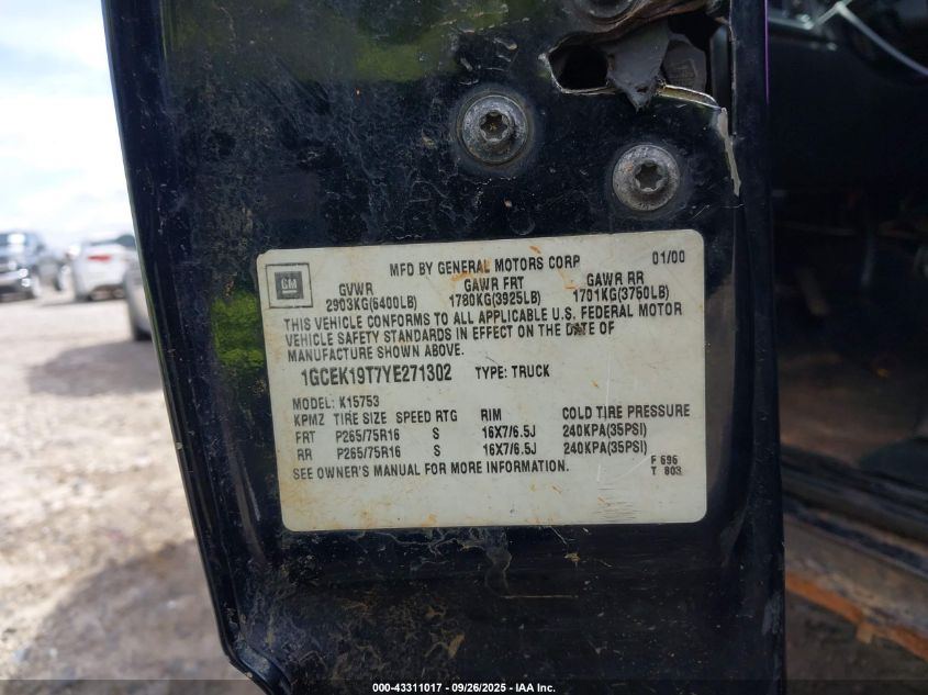 2000 Chevrolet Silverado 1500 Lt VIN: 1GCEK19T7YE271302 Lot: 43311017