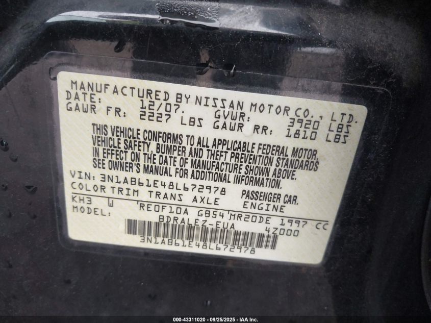 2008 Nissan Sentra 2.0S VIN: 3N1AB61E48L672978 Lot: 43311020