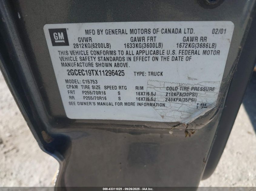2001 Chevrolet Silverado 1500 Ls VIN: 2GCEC19TX11296425 Lot: 43311029