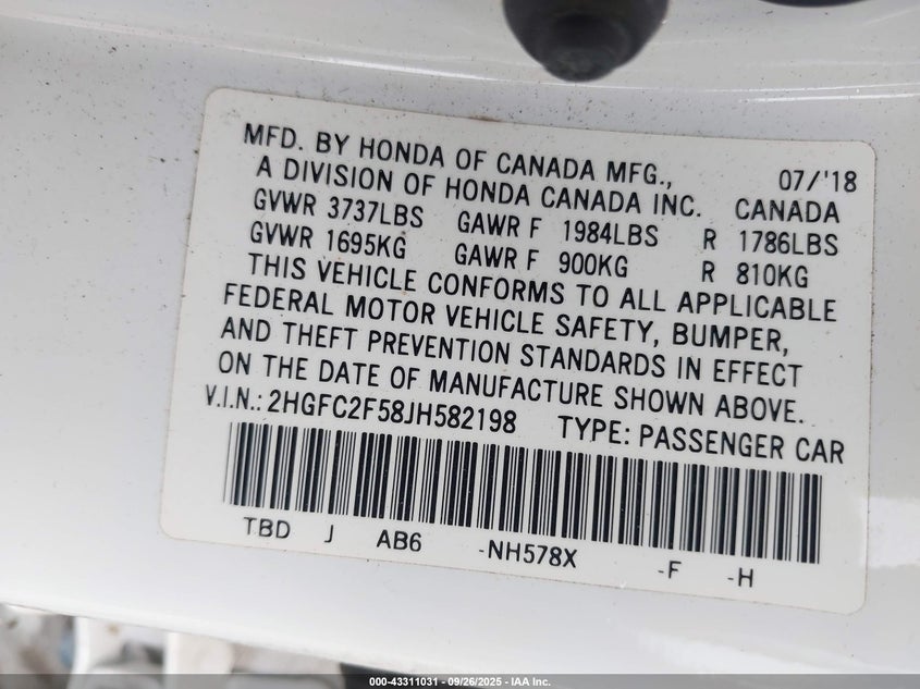 2018 HONDA CIVIC LX - 2HGFC2F58JH582198