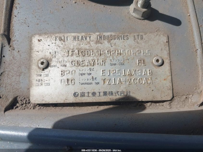 2002 Subaru Impreza Rs VIN: JF1GD67592H506265 Lot: 43311036