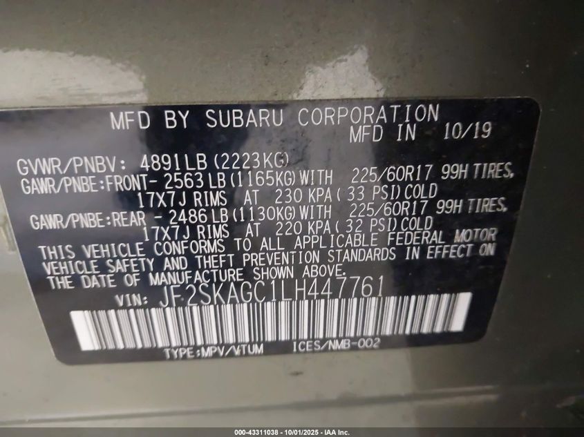 2020 Subaru Forester Premium VIN: JF2SKAGC1LH447761 Lot: 43311038