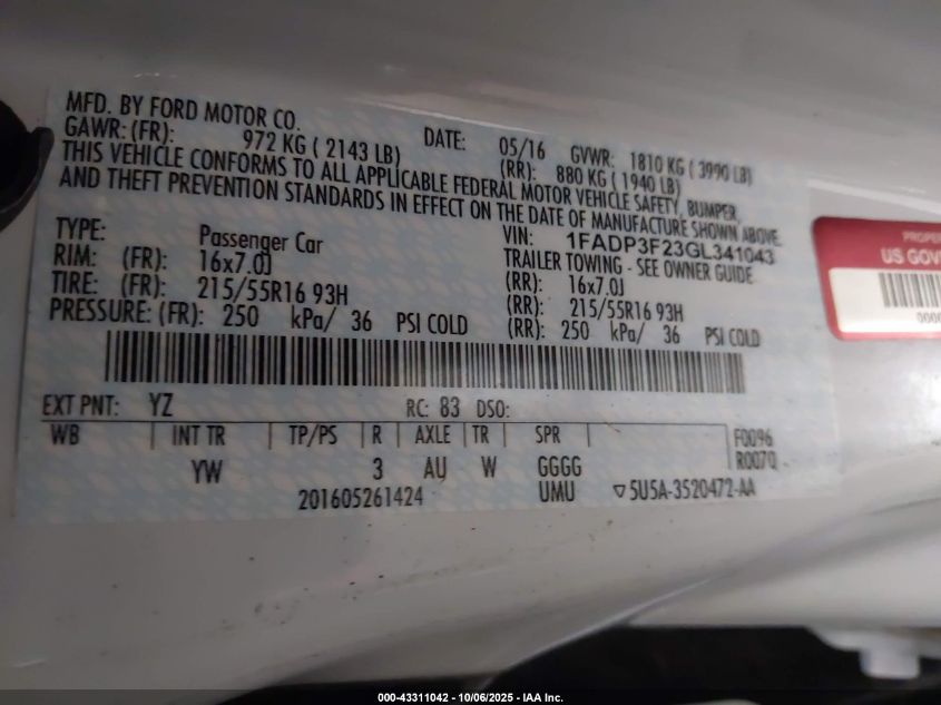 2016 Ford Focus Se VIN: 1FADP3F23GL341043 Lot: 43311042