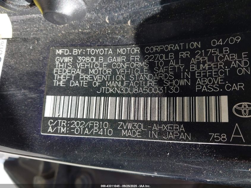 2010 Toyota Prius Ii VIN: JTDKN3DU8A5003130 Lot: 43311045