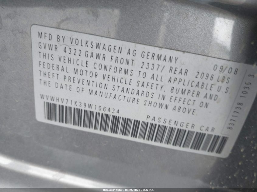 2009 Volkswagen Gti 4-Door VIN: WVWHV71K39W106434 Lot: 43311060