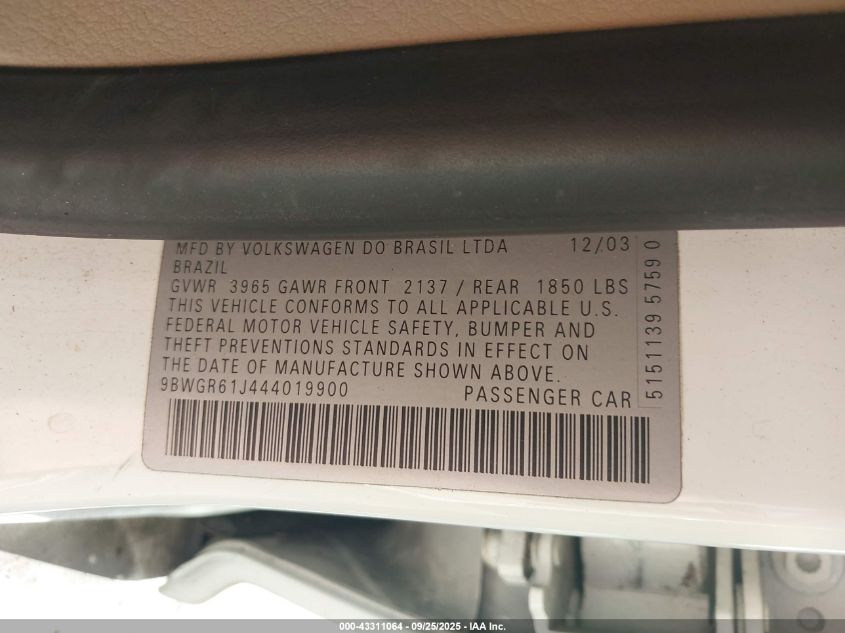 2004 Volkswagen Golf Gls Tdi VIN: 9BWGR61J444019900 Lot: 43311064