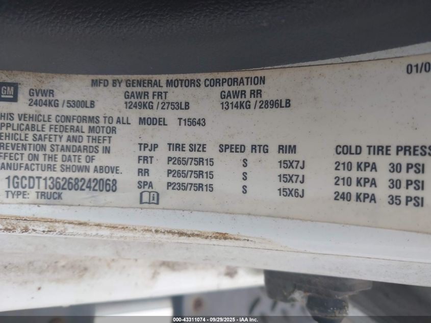 2006 Chevrolet Colorado Lt VIN: 1GCDT136268242068 Lot: 43311074