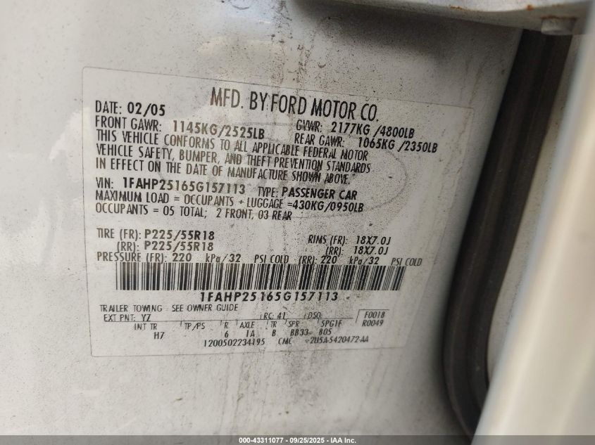 2005 Ford Five Hundred Limited VIN: 1FAHP25165G157113 Lot: 43311077