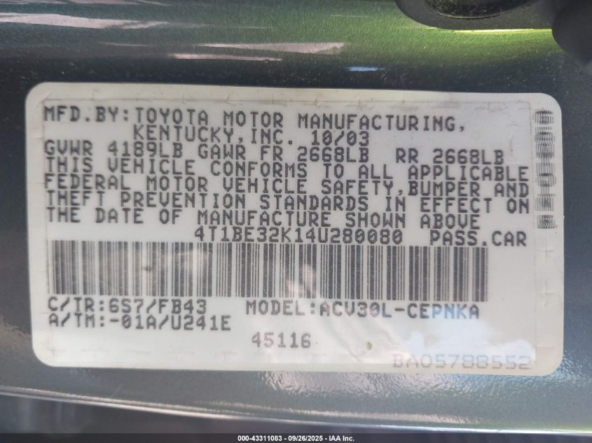 2004 Toyota Camry Le VIN: 4T1BE32K14U280080 Lot: 43311083