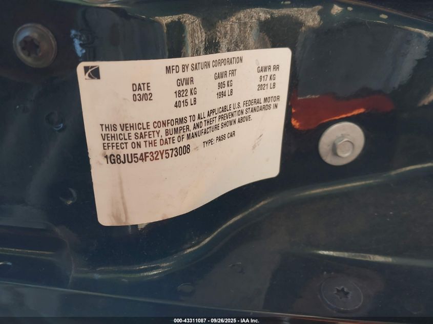 2002 Saturn L-Series L200 VIN: 1G8JU54F32Y573008 Lot: 43311087