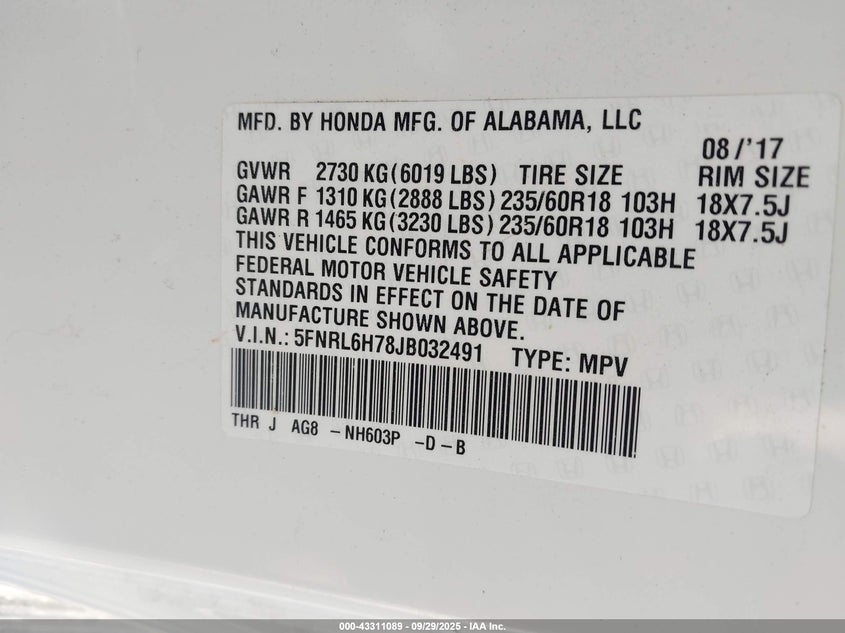 2018 HONDA ODYSSEY EX-L - 5FNRL6H78JB032491