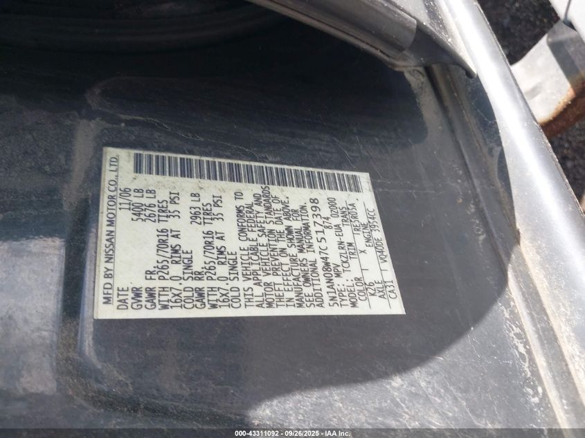 2007 Nissan Xterra S VIN: 5N1AN08W47C517398 Lot: 43311092