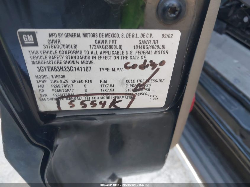 2003 Cadillac Escalade Ext Standard VIN: 3GYEK63N23G141107 Lot: 43311093