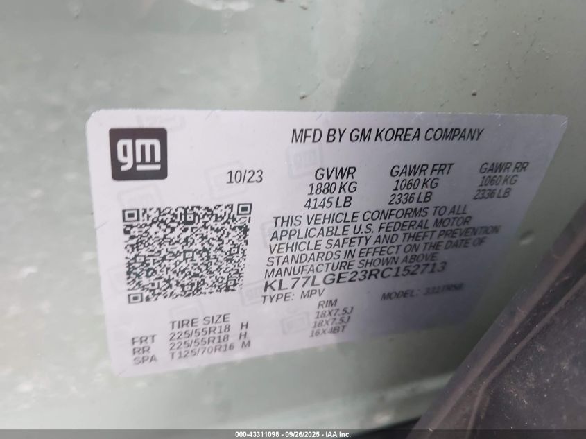 2024 Chevrolet Trax Fwd 1Rs VIN: KL77LGE23RC152713 Lot: 43311098