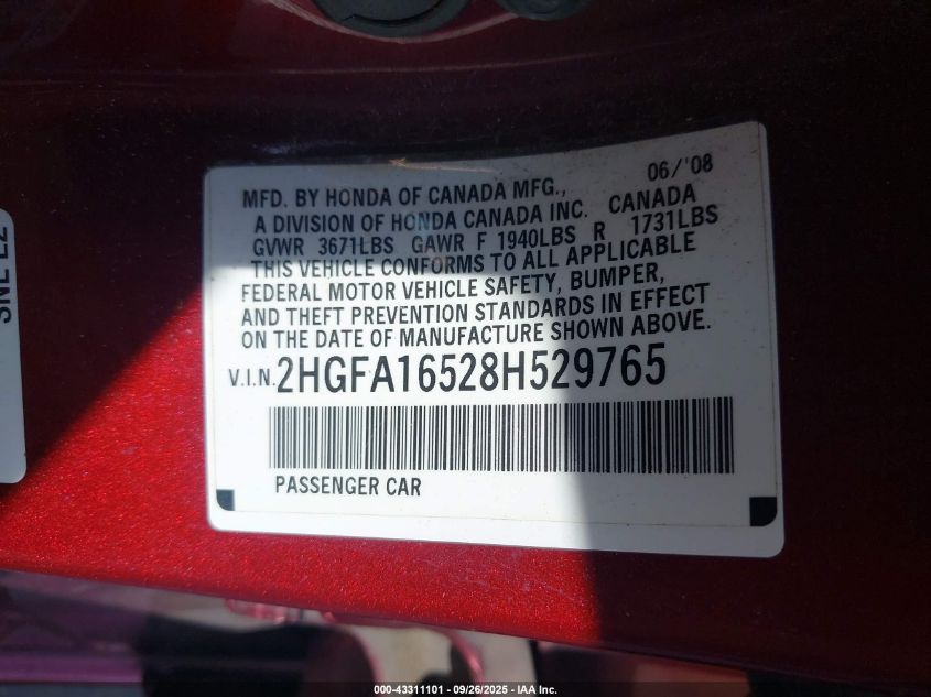 2008 Honda Civic Lx VIN: 2HGFA16528H529765 Lot: 43311101