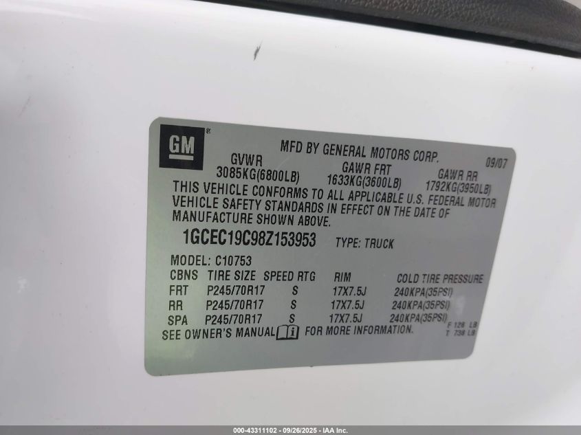 2008 Chevrolet Silverado 1500 Lt1 VIN: 1GCEC19C98Z153953 Lot: 43311102