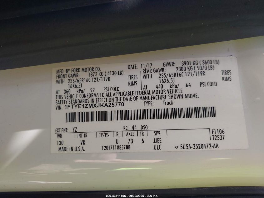 2018 Ford Transit-150 VIN: 1FTYE1ZMXJKA25770 Lot: 43311106