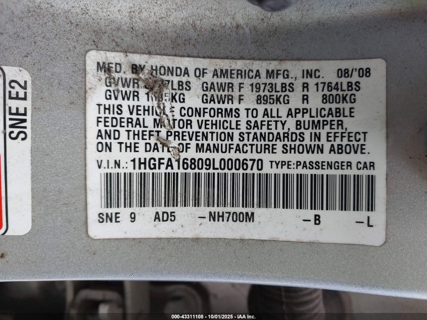 2009 Honda Civic Ex VIN: 1HGFA16809L000670 Lot: 43311108