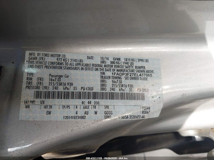 2014 Ford Focus Se VIN: 1FADP3F27EL437965 Lot: 43311109