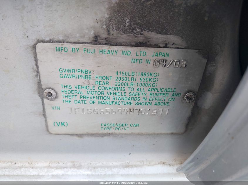 2004 Subaru Forester 2.5Xs VIN: JF1SG65694H701377 Lot: 43311111