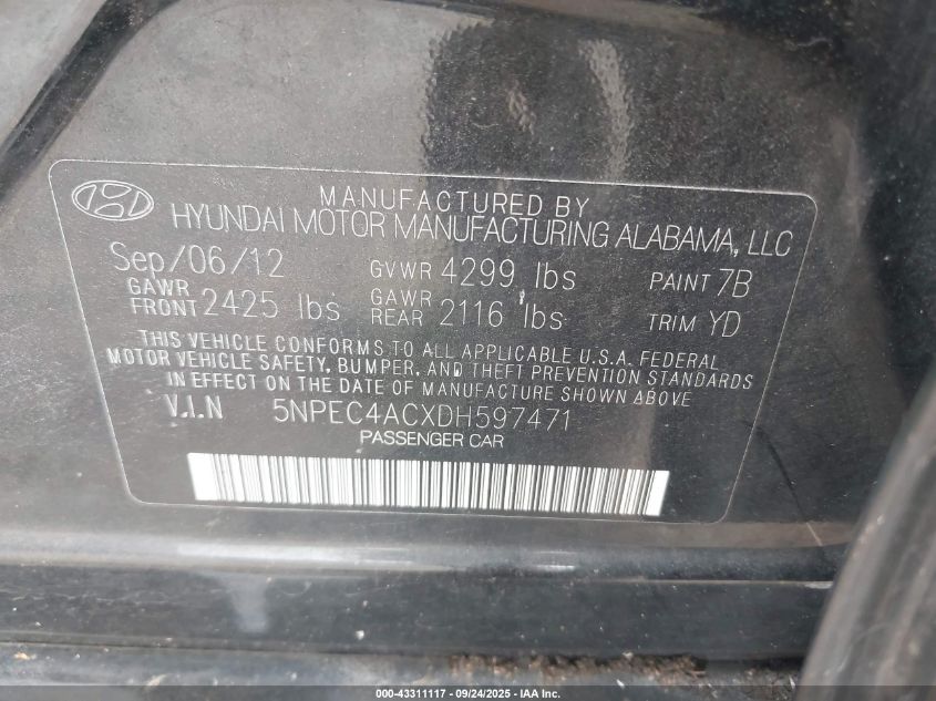 2013 Hyundai Sonata Limited VIN: 5NPEC4ACXDH597471 Lot: 43311117