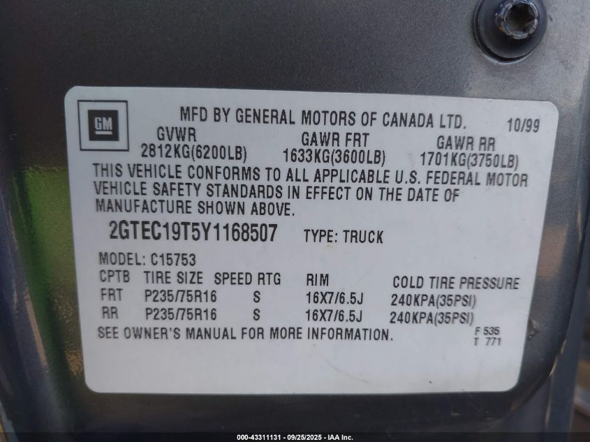 2000 GMC Sierra 1500 Sle VIN: 2GTEC19T5Y1168507 Lot: 43311131