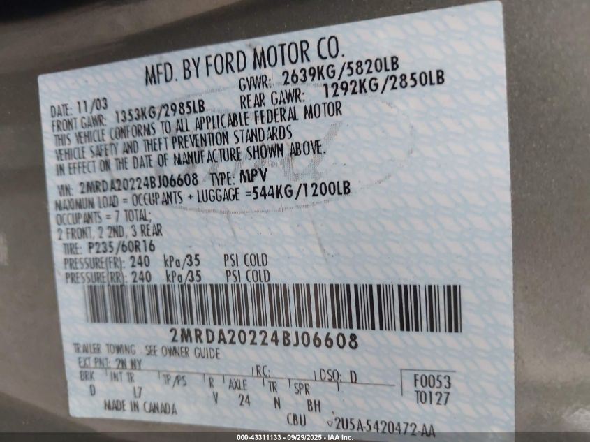 2004 Mercury Monterey VIN: 2MRDA20224BJ06608 Lot: 43311133