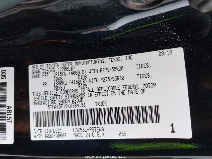 2019 Toyota Tundra 1794 5.7L V8 VIN: 5TFAY5F19KX784151 Lot: 43311135