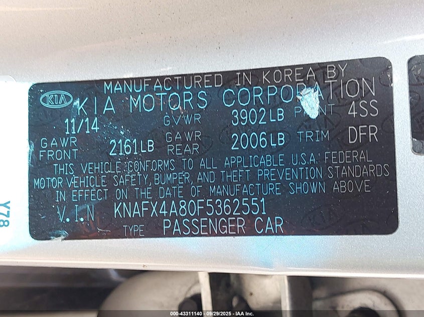 2015 KIA FORTE EX KNAFX4A80F5362551