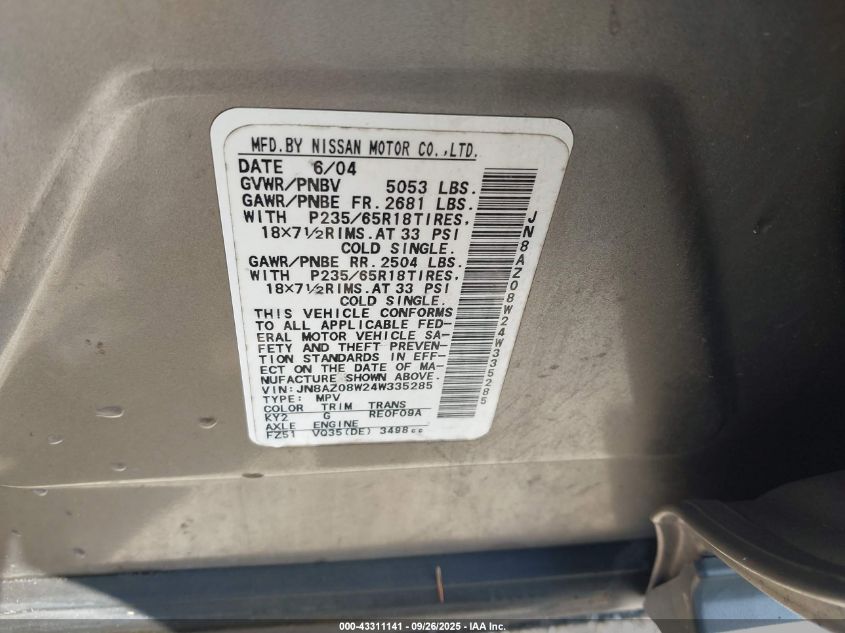 2004 Nissan Murano Se VIN: JN8AZ08W24W335285 Lot: 43311141
