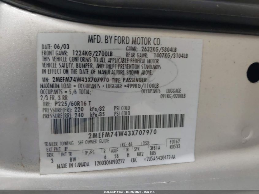 2003 Mercury Grand Marquis Gs VIN: 2MEFM74W43X707970 Lot: 43311149