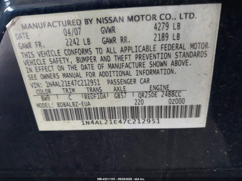 2007 Nissan Altima 2.5 S VIN: 1N4AL21E47C212951 Lot: 43311151