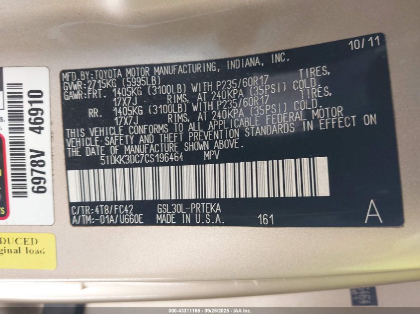 2012 Toyota Sienna Le V6 8 Passenger VIN: 5TDKK3DC7CS196464 Lot: 43311166