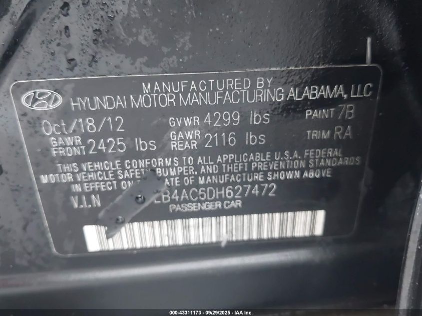 2013 Hyundai Sonata Gls VIN: 5NPEB4AC6DH627472 Lot: 43311173