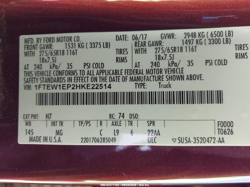 2017 Ford F-150 Xlt VIN: 1FTEW1EP2HKE22514 Lot: 43311182