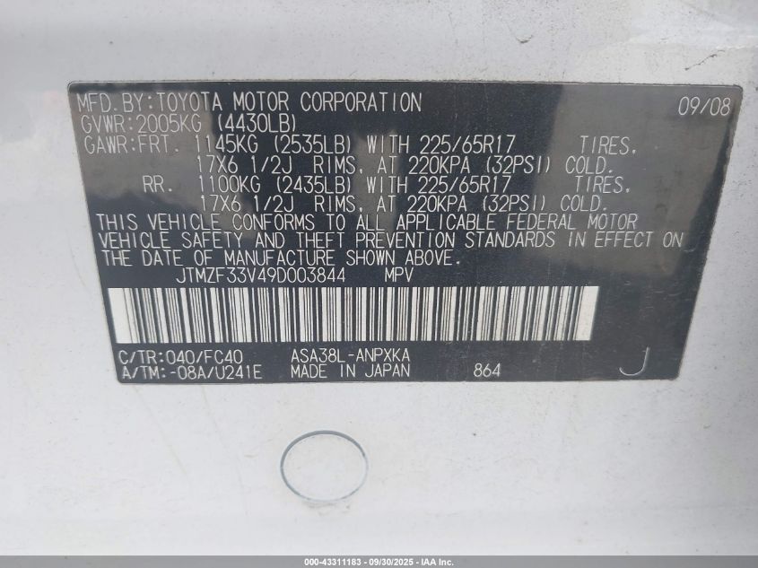 2009 Toyota Rav4 VIN: JTMZF33V49D003844 Lot: 43311183