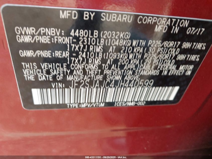 2018 Subaru Forester 2.5I Limited VIN: JF2SJAJC4JH440599 Lot: 43311191