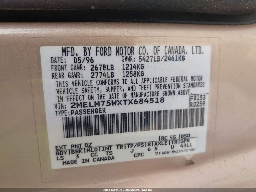 1996 Mercury Grand Marquis Ls/Bayshore VIN: 2MELM75WXTX684518 Lot: 43311192