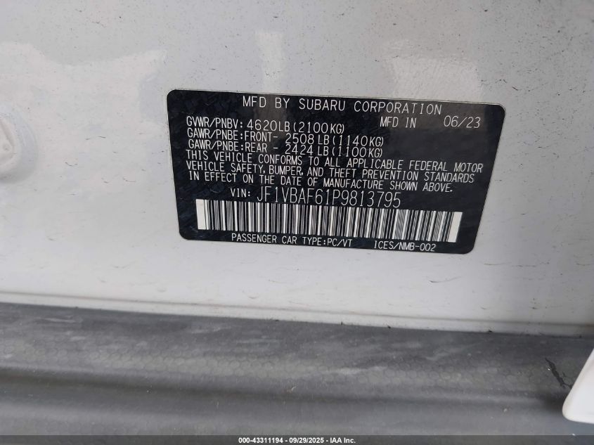 2023 Subaru Wrx Premium VIN: JF1VBAF61P9813795 Lot: 43311194