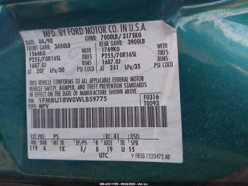 1998 Ford Expedition Eddie Bauer/Xlt VIN: 1FMRU18W0WLB59775 Lot: 43311199