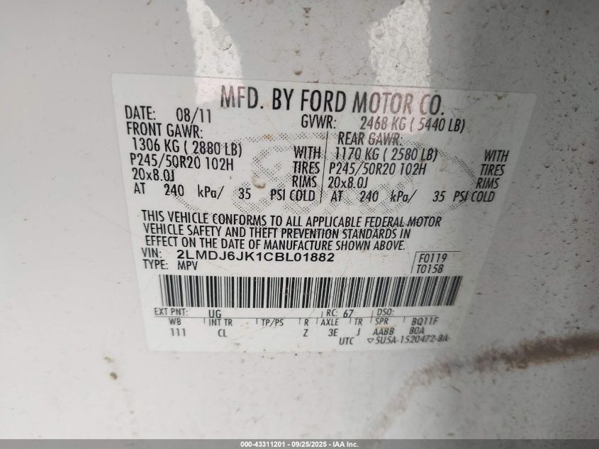 2012 Lincoln Mkx VIN: 2LMDJ6JK1CBL01882 Lot: 43311201