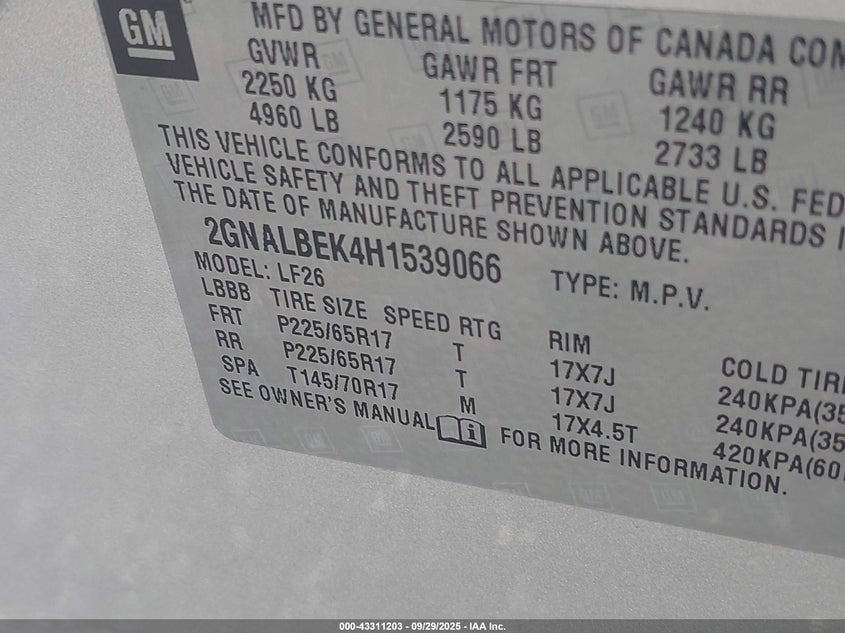 2017 Chevrolet Equinox Ls VIN: 2GNALBEK4H1539066 Lot: 43311203