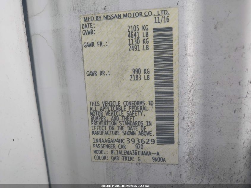 2017 Nissan Maxima 3.5 Sl VIN: 1N4AA6AP4HC393629 Lot: 43311205