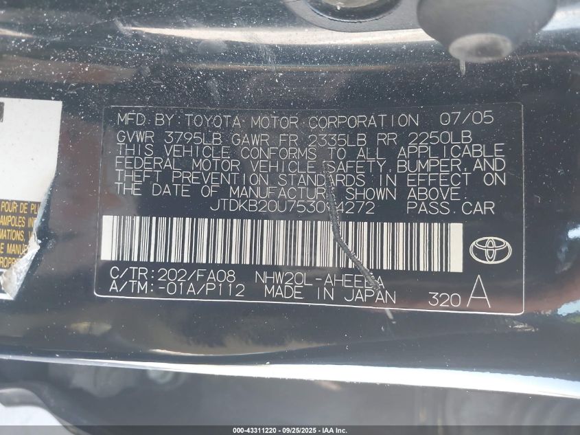 2005 Toyota Prius VIN: JTDKB20U753094272 Lot: 43311220