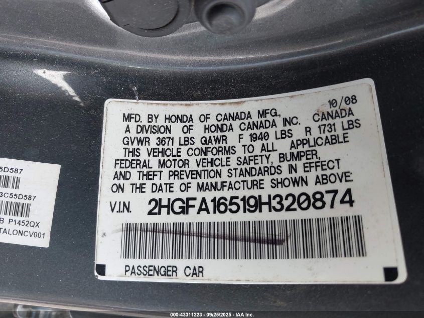 2009 Honda Civic Lx VIN: 2HGFA16519H320874 Lot: 43311223