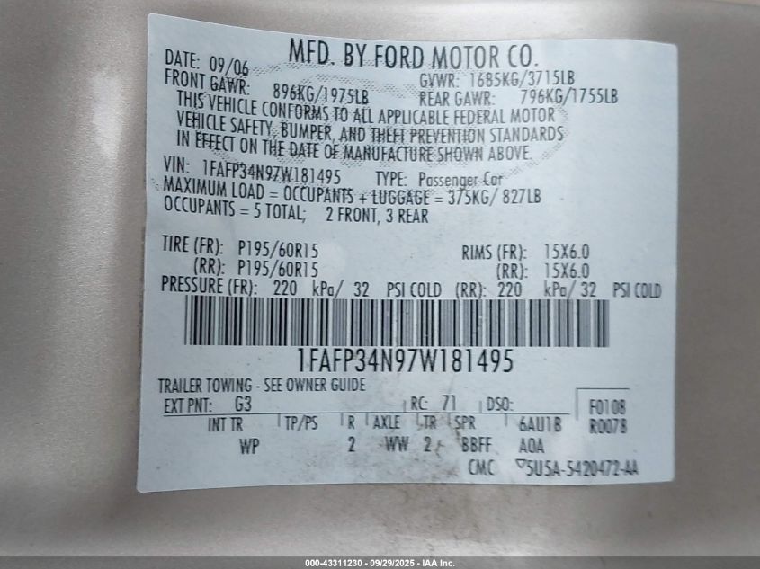 2007 Ford Focus S/Se/Ses VIN: 1FAFP34N97W181495 Lot: 43311230