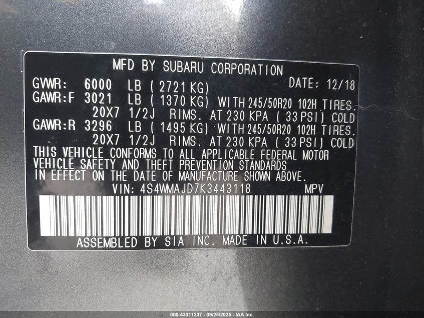 2019 SUBARU ASCENT LIMITED - 4S4WMAJD7K3443118