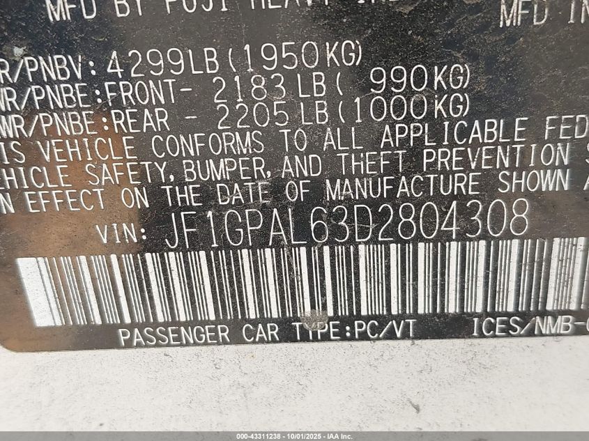 2013 Subaru Impreza 2.0I Sport Premium VIN: JF1GPAL63D2804308 Lot: 43311238
