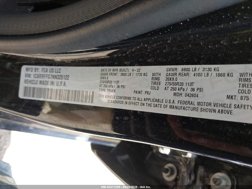 2022 Ram 1500 Big Horn 4X4 5'7 Box VIN: 1C6RRFFG7NN325122 Lot: 43311239